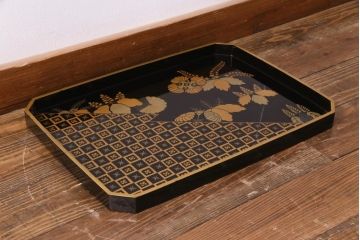 アンティーク雑貨　黒漆　桐文　金蒔絵　木製盆(漆器)