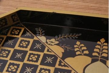 アンティーク雑貨　黒漆　桐文　金蒔絵　木製盆(漆器)