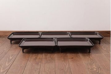 アンティーク雑貨　鶴田双鶴銅　栗色香盆形木製膳5客セット・箱付き(お膳、漆器、脚付膳、和食器)(R-036260)