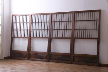 昭和期　当店オリジナルガラス入り　腰板ケヤキ材　腰付雪見　品の良いレトロなガラス戸4枚セット(引き戸、建具)