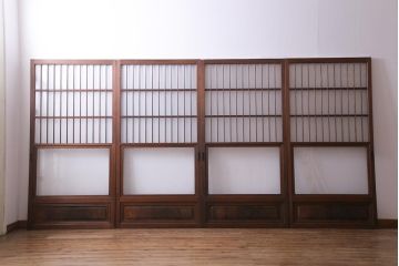 昭和期　当店オリジナルガラス入り　腰板ケヤキ材　腰付雪見　品の良いレトロなガラス戸4枚セット(引き戸、建具)