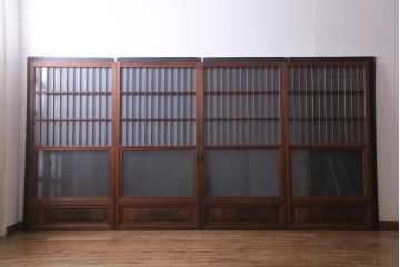 昭和期　当店オリジナルガラス入り　腰板ケヤキ材　腰付雪見　品の良いレトロなガラス戸4枚セット(引き戸、建具)
