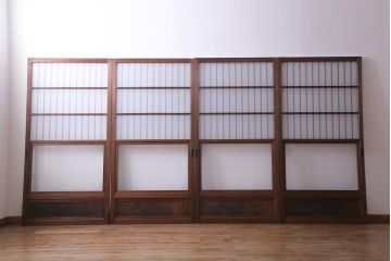 昭和期　当店オリジナルガラス入り　腰板ケヤキ材　腰付雪見　品の良いレトロなガラス戸4枚セット(引き戸、建具)