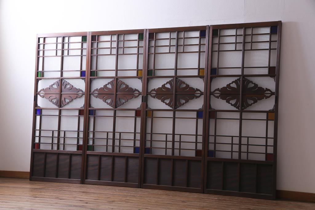 アンティーク建具　上手物　当時物色ガラス入り　大正ロマン薫るガラス戸4枚セット(建具、引き戸)