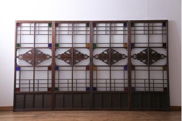 アンティーク建具　上手物　当時物色ガラス入り　大正ロマン薫るガラス戸4枚セット(建具、引き戸)