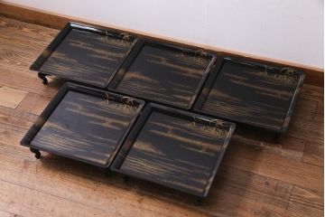 アンティーク雑貨　輪島塗　金蒔絵　鯉の図　木製お膳5客セット(漆器、脚付膳、和食器)(R-036277)