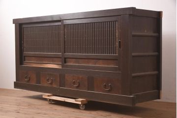 アンティーク家具　明治期　丸桟　銅金具　上手物の近江水屋箪笥(収納棚、重ね箪笥)(R-036285)