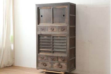 アンティーク家具　明治期　ヒノキ材　一本物　三尺　年季の入った関西水屋箪笥(食器棚、戸棚、収納棚、サイドボード、キャビネット)(R-036287)
