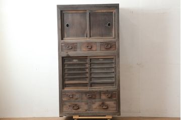 アンティーク家具　明治期　ヒノキ材　一本物　三尺　年季の入った関西水屋箪笥(食器棚、戸棚、収納棚、サイドボード、キャビネット)(R-036287)