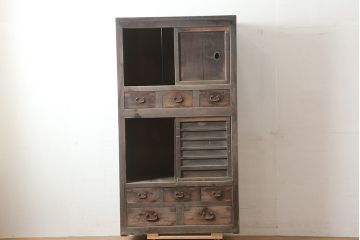 アンティーク家具　明治期　ヒノキ材　一本物　三尺　年季の入った関西水屋箪笥(食器棚、戸棚、収納棚、サイドボード、キャビネット)(R-036287)