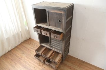アンティーク家具　明治期　ヒノキ材　一本物　三尺　年季の入った関西水屋箪笥(食器棚、戸棚、収納棚、サイドボード、キャビネット)(R-036287)