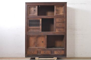 アンティーク家具　前面ケヤキ材・ヒノキ材　四尺水屋箪笥(戸棚、収納棚、食器棚、キャビネット、茶箪笥)(R-036292)