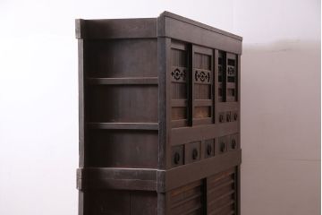 アンティーク家具　前面ケヤキ材・ヒノキ材　六尺京水屋箪笥キャビネット(収納棚)(R-036296)