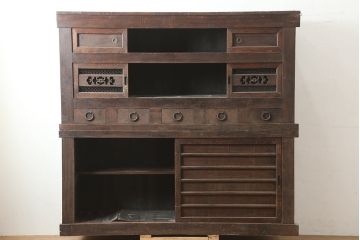 アンティーク家具　前面ケヤキ材・ヒノキ材　近江水屋箪笥キャビネット・重ね(戸棚、水屋箪笥、収納棚)(R-036297)
