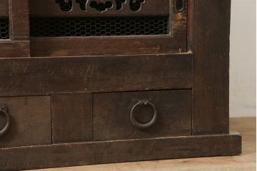 アンティーク家具　前面ケヤキ材・ヒノキ材　近江水屋箪笥キャビネット・重ね(戸棚、水屋箪笥、収納棚)(R-036297)