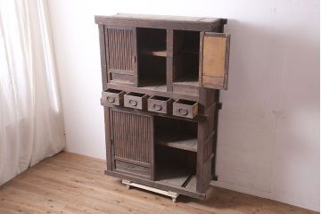 和製アンティーク　明治期　四尺　縦桟引き戸の水屋箪笥(収納棚、キャビネット)(R-036304)