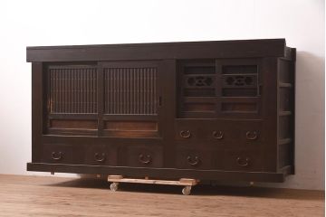 アンティーク家具　明治期　丸桟　銅金具　上手物の近江水屋箪笥キャビネット(収納棚、サイドボード、テレビ台)(R-036313)
