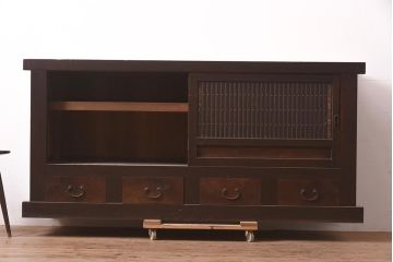 アンティーク家具　明治期　丸桟　銅金具　上手物の近江水屋箪笥キャビネット(収納棚、サイドボード)(R-036314)