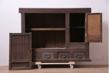 アンティーク家具　明治期　前面ケヤキ材・ヒノキ材　四尺水屋箪笥サイドボード(テレビ台、収納棚、キャビネット)(R-036319)