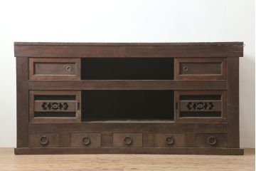 アンティーク家具　前面ケヤキ材・ヒノキ材　近江水屋箪笥キャビネット・上段(戸棚、水屋箪笥、収納棚)(R-036325)