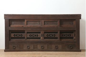 アンティーク家具　前面ケヤキ材・ヒノキ材　近江水屋箪笥キャビネット・上段(戸棚、水屋箪笥、収納棚)(R-036325)