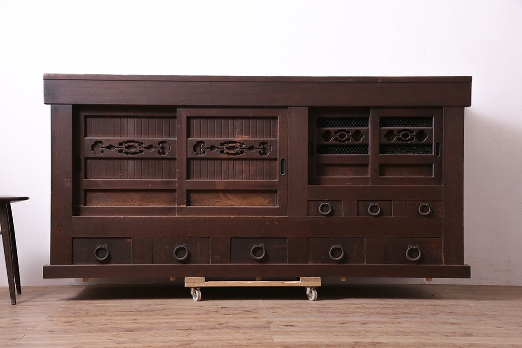 アンティーク家具　前面ケヤキ材・ヒノキ材　六尺京水屋箪笥サイドボード(カウンター、テレビ台)(R-036329)