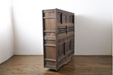 アンティーク家具　明治大正期　前面ケヤキ・ヒノキ材　六尺水屋箪笥キャビネット(収納棚)(R-036366)