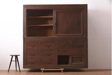 アンティーク家具　明治期　前面ヒノキ・ケヤキ材　収納箪笥キャビネット(食器棚、水屋箪笥、重ね箪笥、収納棚、戸棚)(R-036369)
