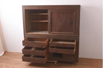 アンティーク家具　明治期　前面ヒノキ・ケヤキ材　収納箪笥キャビネット(食器棚、水屋箪笥、重ね箪笥、収納棚、戸棚)(R-036369)