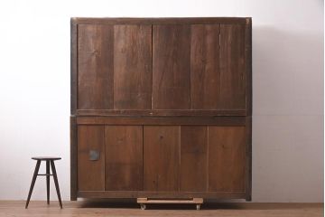 アンティーク家具　明治期　前面ヒノキ・ケヤキ材　収納箪笥キャビネット(食器棚、水屋箪笥、重ね箪笥、収納棚、戸棚)(R-036369)