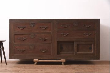 アンティーク家具　明治期　前面ヒノキ・ケヤキ材　収納箪笥キャビネット(テレビ台、水屋箪笥、収納棚、戸棚、サイドボード)(R-036371)
