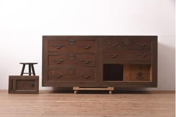アンティーク家具　明治期　前面ヒノキ・ケヤキ材　収納箪笥キャビネット(テレビ台、水屋箪笥、収納棚、戸棚、サイドボード)(R-036371)