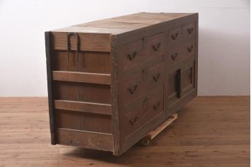 アンティーク家具　明治期　前面ヒノキ・ケヤキ材　収納箪笥キャビネット(テレビ台、水屋箪笥、収納棚、戸棚、サイドボード)(R-036371)