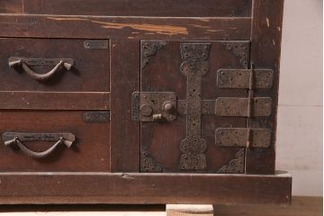 アンティーク家具　ヒノキ材　明治大正期　関西帳場箪笥キャビネット(収納棚、戸棚)(R-036372)