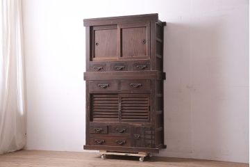アンティーク家具　ヒノキ材　明治大正期　関西帳場箪笥キャビネット(収納棚、戸棚)(R-036372)