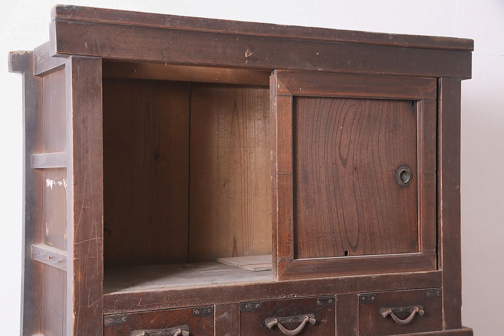 アンティーク家具　ヒノキ材　明治大正期　関西帳場箪笥のサイドキャビネット(収納棚、戸棚)(R-036373)