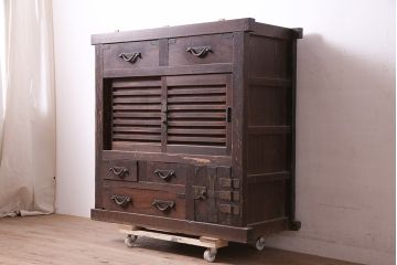 アンティーク家具　ヒノキ材　明治大正期　関西帳場箪笥のサイドキャビネット(収納棚、戸棚)(R-036374)