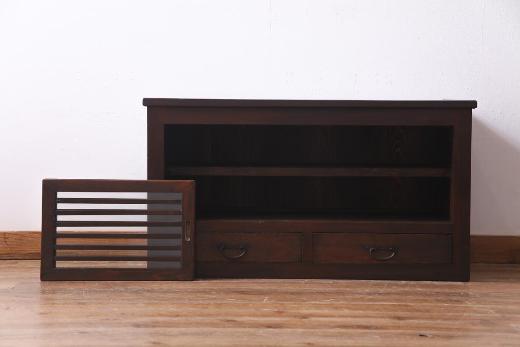 アンティーク家具　明治大正期　ヒノキ材　小振り　味わい深い帳場箪笥のローボード(収納棚、テレビ台)