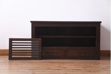 アンティーク家具　明治大正期　ヒノキ材　小振り　味わい深い帳場箪笥のローボード(収納棚、テレビ台)