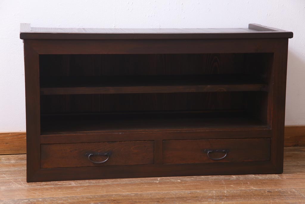 アンティーク家具　明治大正期　ヒノキ材　小振り　味わい深い帳場箪笥のローボード(収納棚、テレビ台)