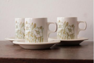 ヴィンテージ雑貨　イギリスビンテージ　Hornsea(ホーンジー)　FLEUR(フルール)　カップ&ソーサー3客セット(R-036419)