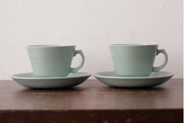 ビンテージ雑貨　イギリスヴィンテージ　Woods ware(ウッズウエア)　Beryl(ベロル)　カップ&ソーサー2客セット(R-036421)