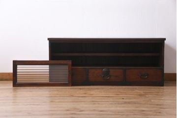 和製　アンティーク家具　前板ケヤキ材　モールガラス入り　味わい深い風合いが格好いいリメイクテレビ台(ローボード、収納棚、テレビボード)