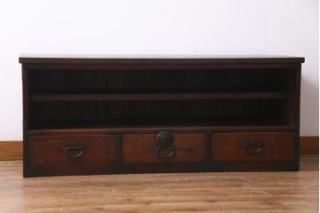 和製　アンティーク家具　前板ケヤキ材　モールガラス入り　味わい深い風合いが格好いいリメイクテレビ台(ローボード、収納棚、テレビボード)