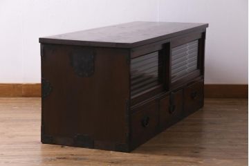 和製　アンティーク家具　前板ケヤキ材　モールガラス入り　味わい深い風合いが格好いいリメイクテレビ台(ローボード、収納棚、テレビボード)