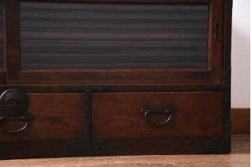 和製　アンティーク家具　前板ケヤキ材　モールガラス入り　味わい深い風合いが格好いいリメイクテレビ台(ローボード、収納棚、テレビボード)