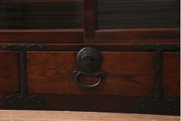 和製　アンティーク家具　前板ケヤキ材　モールガラス入り　味わい深い風合いが格好いいリメイクテレビ台(ローボード、収納棚、テレビボード)