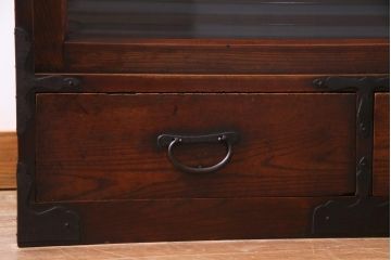 和製　アンティーク家具　前板ケヤキ材　モールガラス入り　味わい深い風合いが格好いいリメイクテレビ台(ローボード、収納棚、テレビボード)