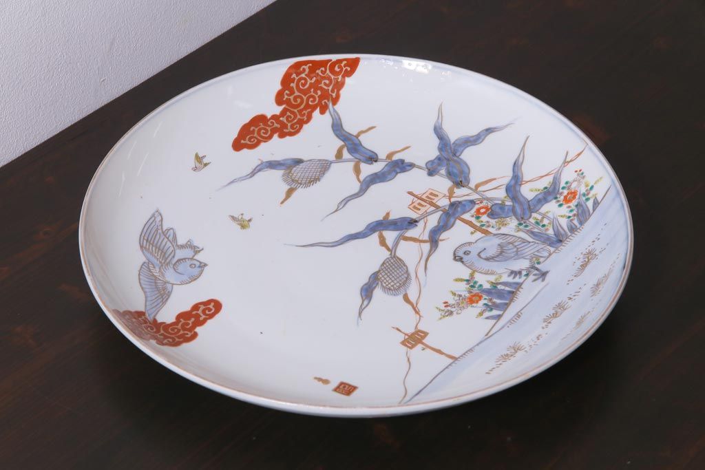 アンティーク雑貨　江戸期　色絵　花鳥文　一尺三寸大皿