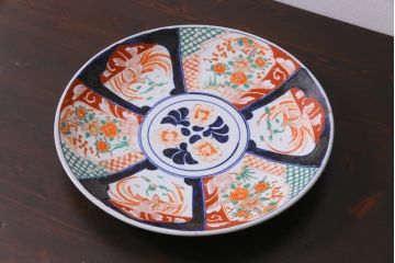 アンティーク雑貨　明治期　色絵　草花文　一尺二寸大皿